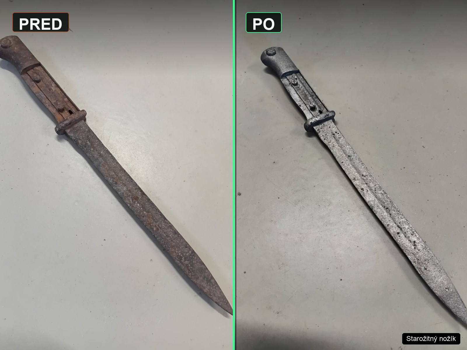 Starožitný nožík pred a po laserovom čistení hrdze a oxidácie